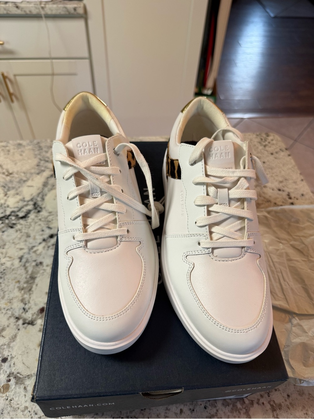 Cole Haan White Leather Sneakers with Leopard Heel Tab